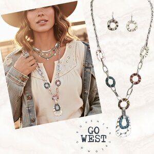 NEW Long Tri-Color Metal Western Bohemian Boho Cowgirl Necklace & Earrings SET